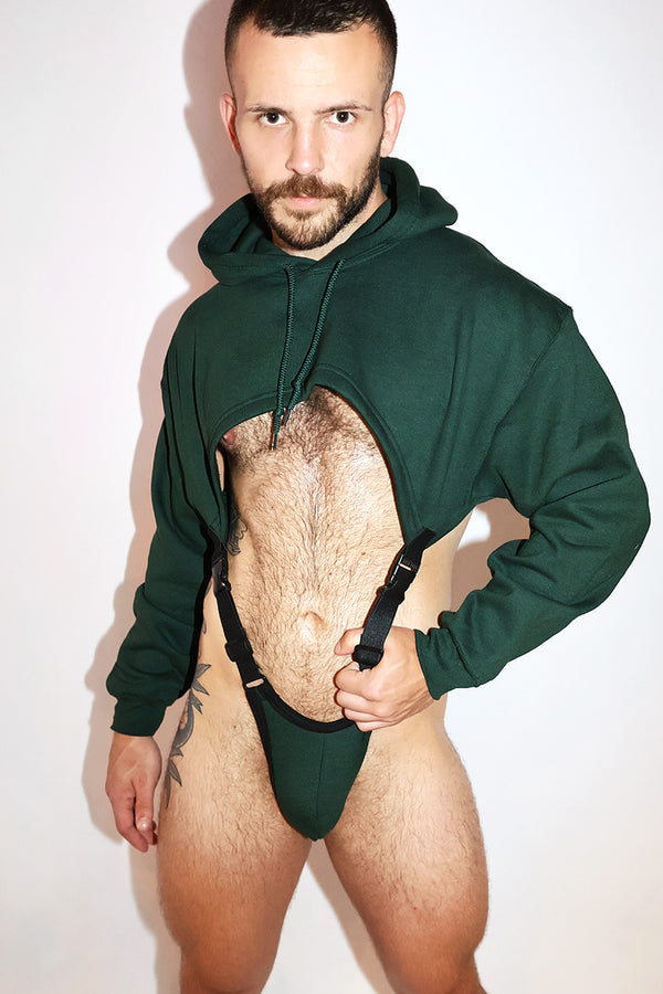 The Turret Harness Hoodie Strap Thong Bodysuit in Dark Green