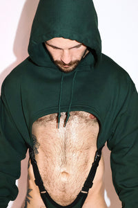 The Turret Harness Hoodie Strap Thong Bodysuit in Dark Green, view 2