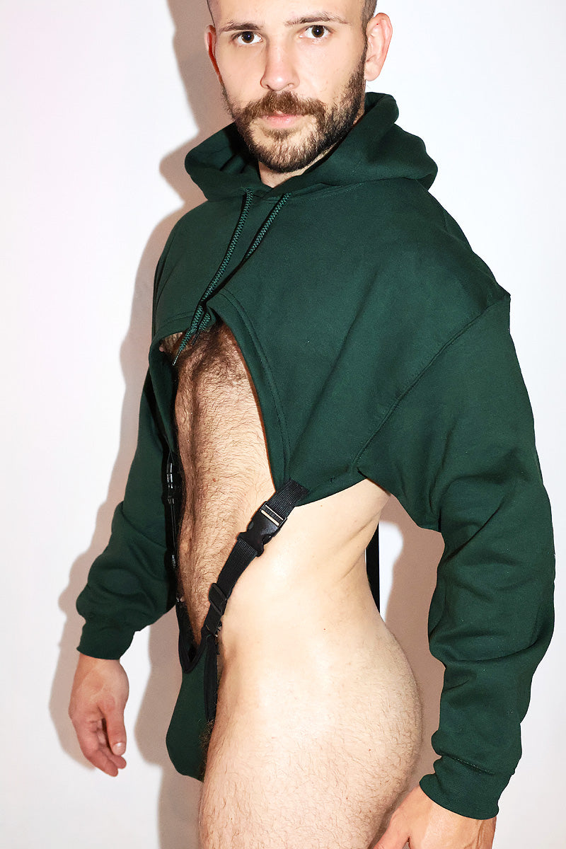 The Turret Harness Hoodie Strap Thong Bodysuit in Dark Green, view 3