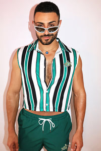 Sea Turtle Patch Sleeveless Stripe Crop Shirt - Green