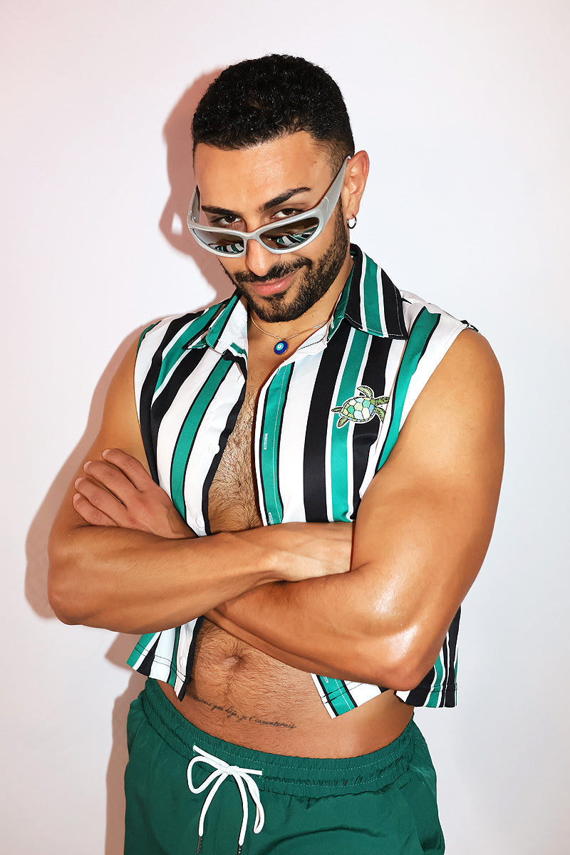 Sea Turtle Patch Sleeveless Stripe Crop Shirt - Green