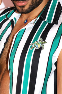 Sea Turtle Patch Sleeveless Stripe Crop Shirt - Green