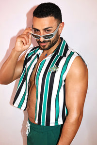 Sea Turtle Patch Sleeveless Stripe Crop Shirt - Green
