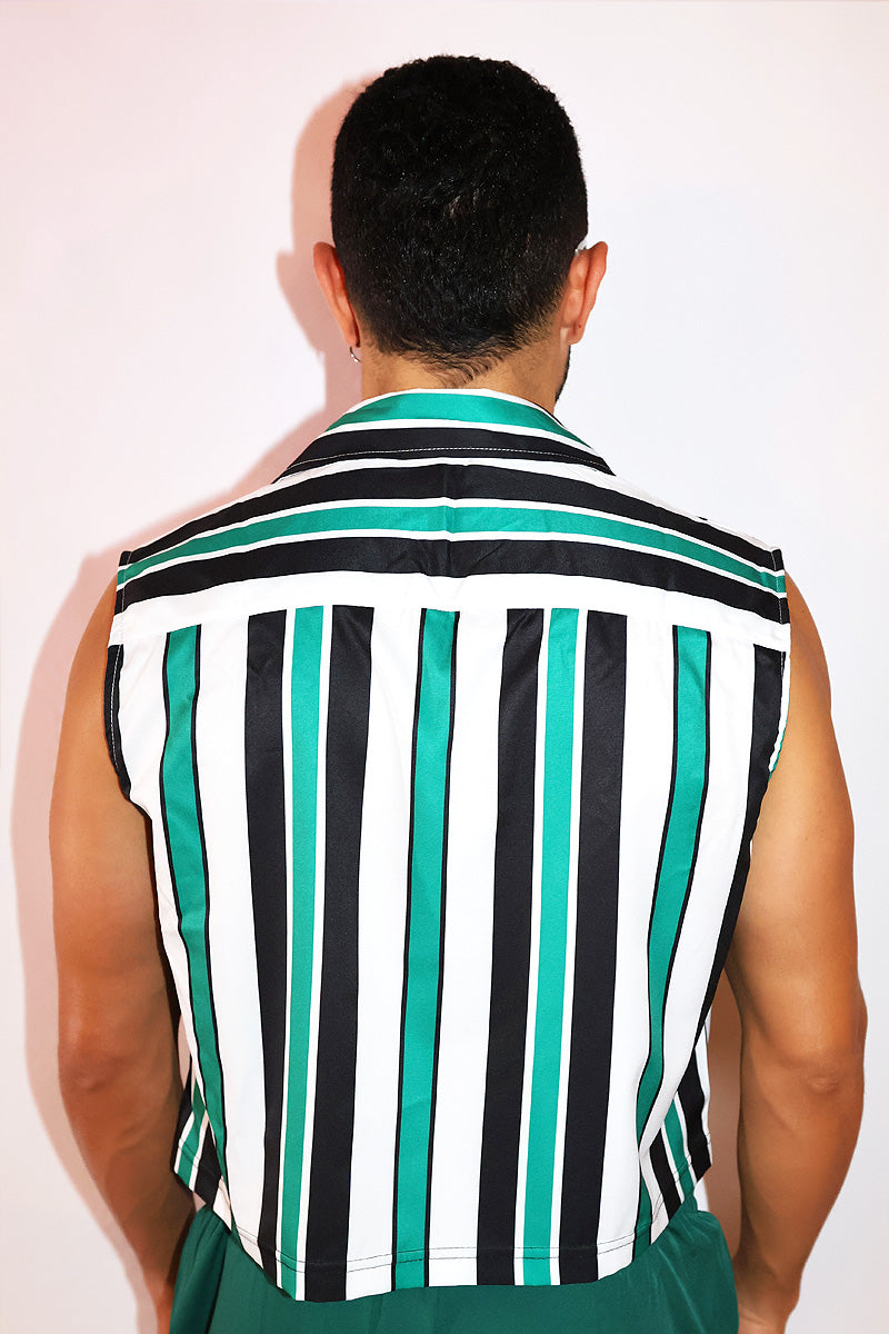 Sea Turtle Patch Sleeveless Stripe Crop Shirt - Green