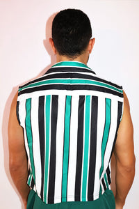 Sea Turtle Patch Sleeveless Stripe Crop Shirt - Green