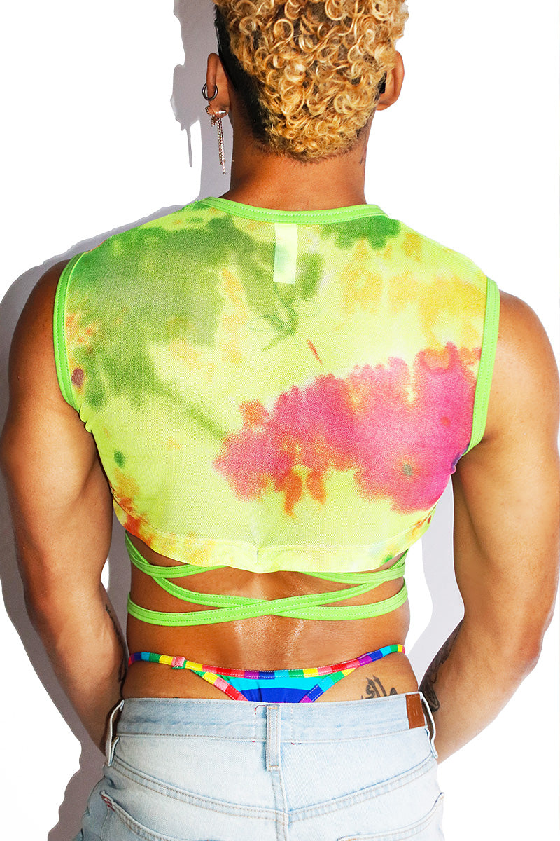 Hippie Tye Dye Mesh Crossed Tie Extreme Crop Tank- Lime