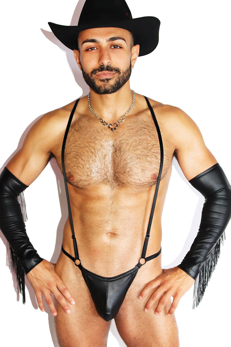 Vegan Leather Elastic Body Thong- Black