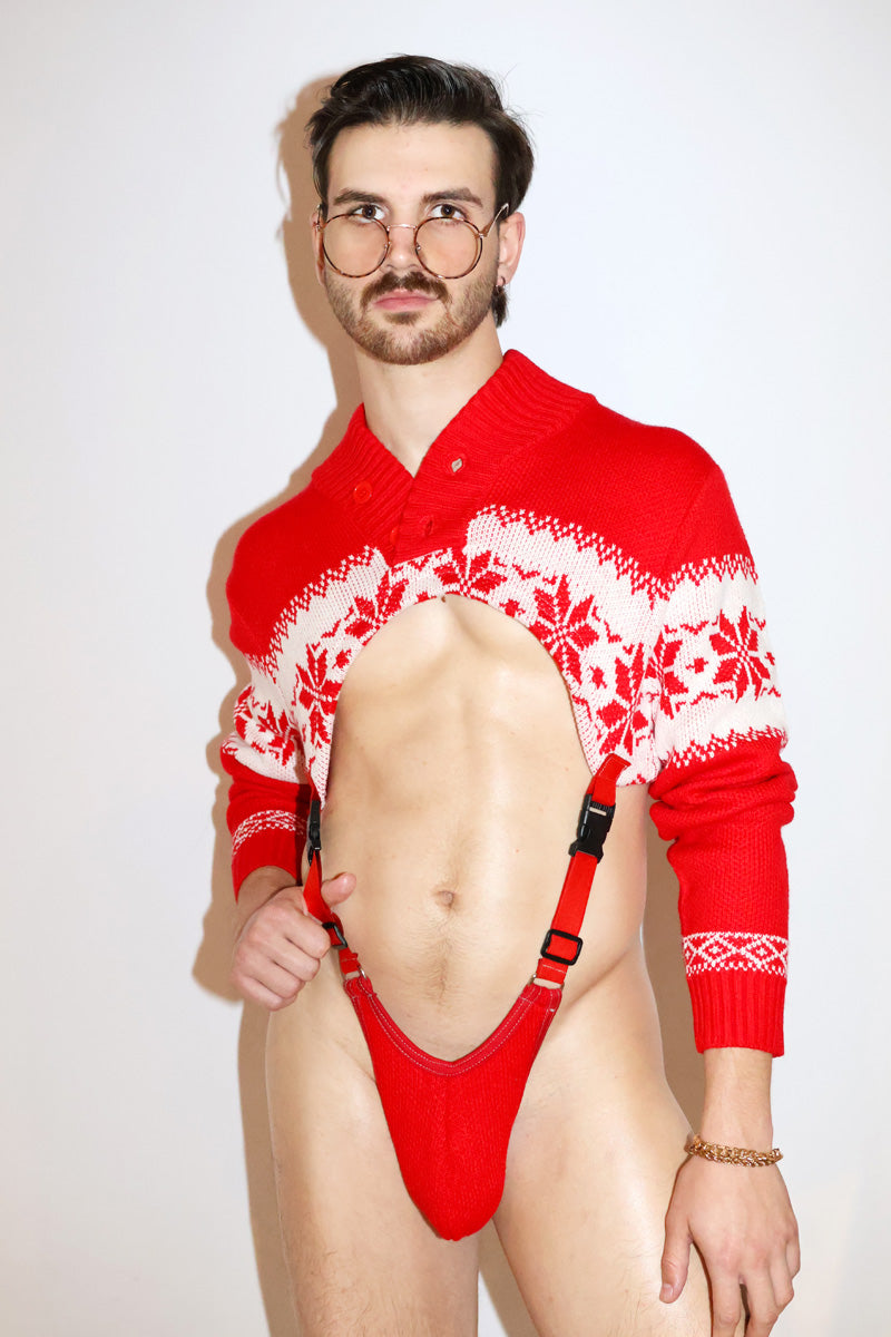 Ski Instructor Shawl Sweater Strap Thong Bodysuit- Red