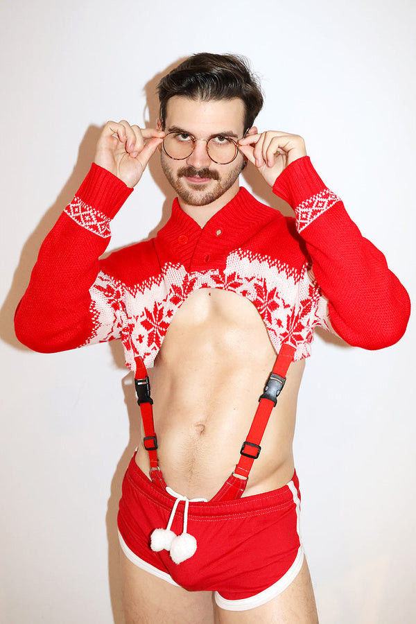 Ski Instructor Shawl Sweater Strap Thong Bodysuit- Red