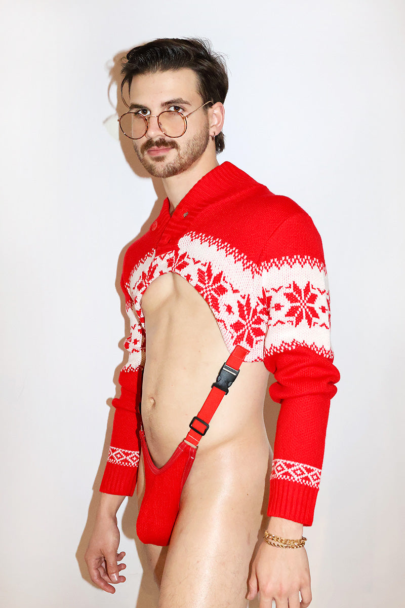 Ski Instructor Shawl Sweater Strap Thong Bodysuit- Red