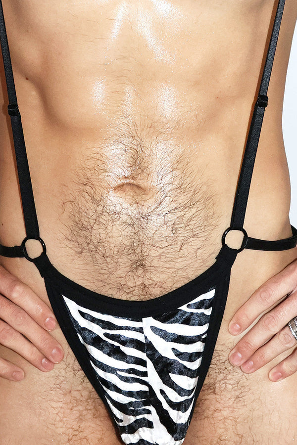 Zebra Brushed Velvet Elastic Body Thong- Black