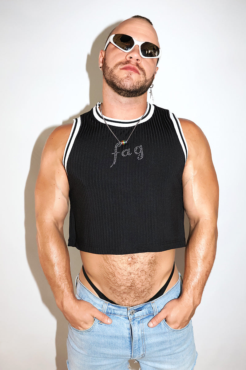 Fag Rhinestone Rib Team Jersey Crop Tank-Black