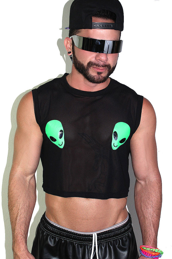Close Encounters Mesh Crop Tank in Black, view 2