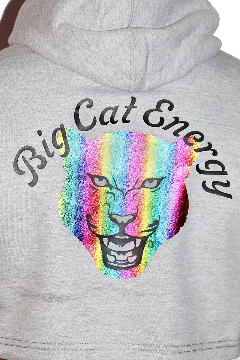 Big Cat Energy Long Sleeve Crop Hoodie- Grey