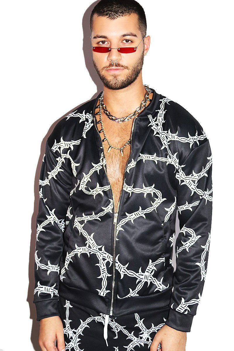 Barb Wire All Over Print Bomber Jacket-Black