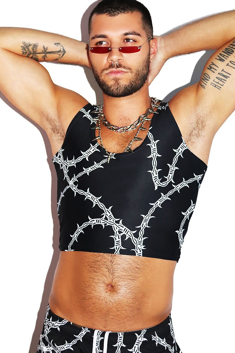 Barb Wire All Over Print Fitted Crop Tank- Black