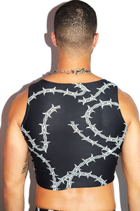 Barb Wire All Over Print Fitted Crop Tank- Black