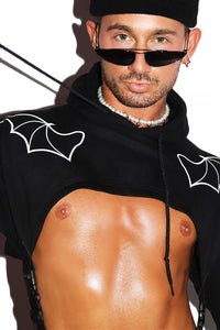 Bat Wing Harness Hoodie Strap Thong Bodysuit- Black
