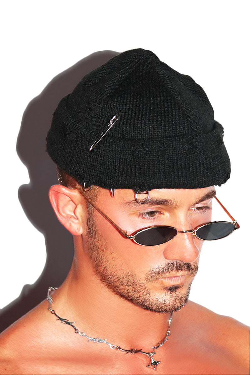 Destoyed Skull Cap Beanie- Black