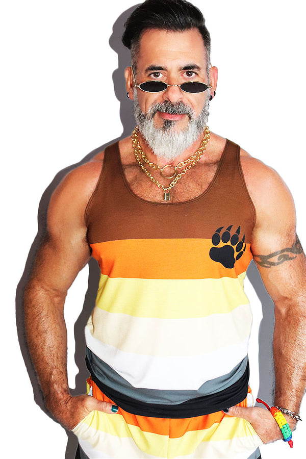 Bear Pride Flag All Over Racerback Tank in Brown, view 2