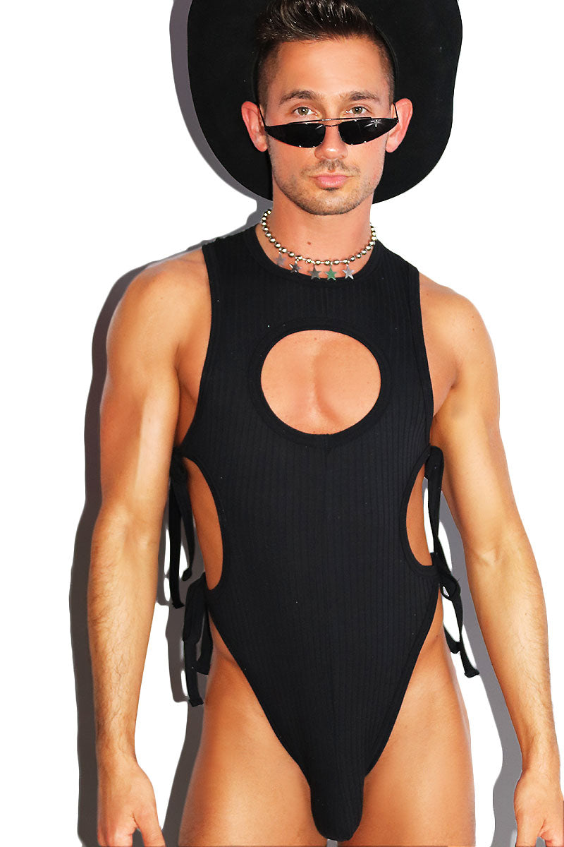 Dark Horse Rib Cutout Rib Knit Tied Up Bodysuit- Black