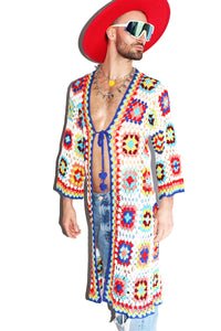 Crochet Blanket Crop Length  Kaftan Robe- White