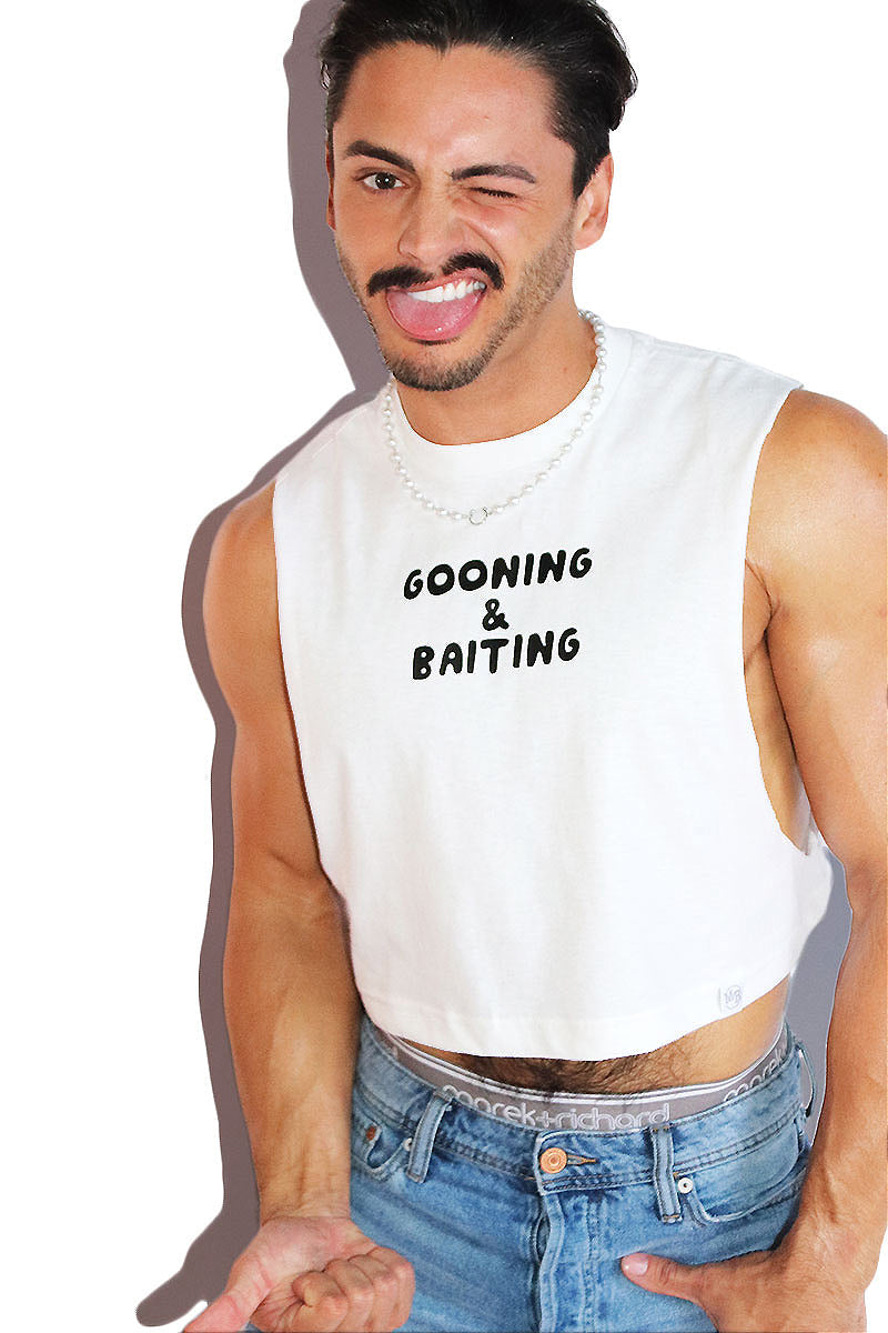 Gooning And Baiting Crop Low Armhole Tank -White