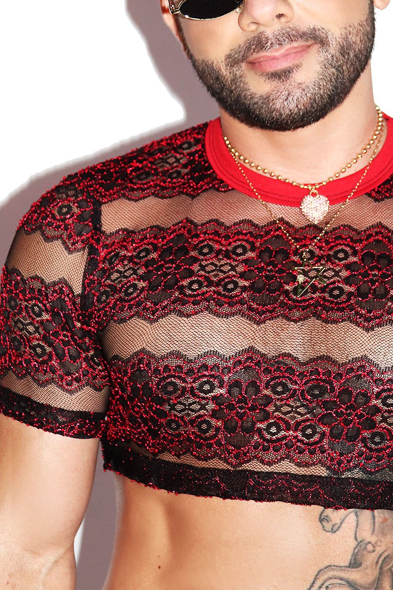 Obsession Lace Extreme Crop Tee- Red