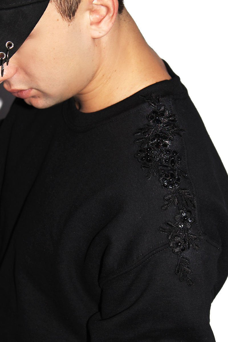 Midnight Garden Crop Long Sleeve Sweatshirt-Black