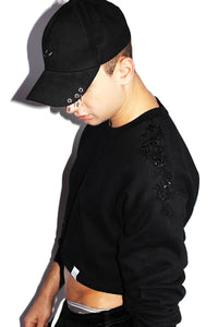 Midnight Garden Crop Long Sleeve Sweatshirt-Black