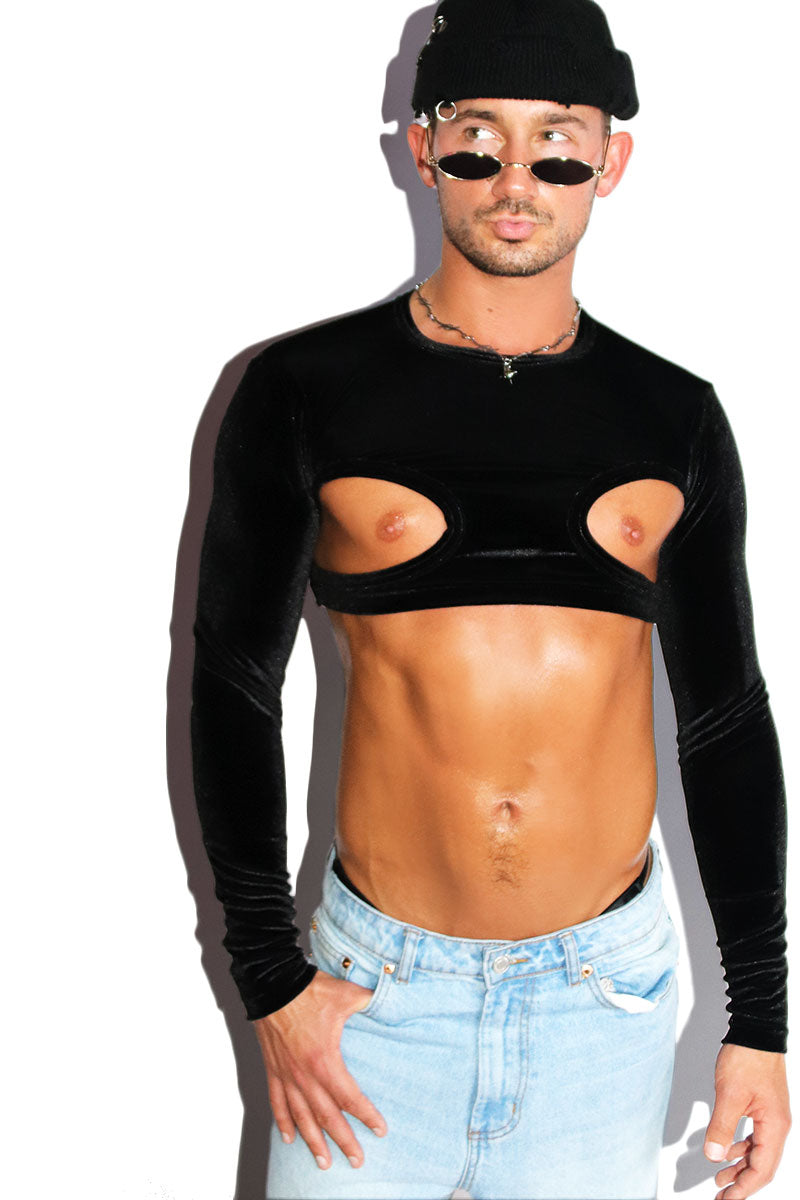 Cutout Velvet Fitted Long Sleeve Extreme Crop Tee- Black