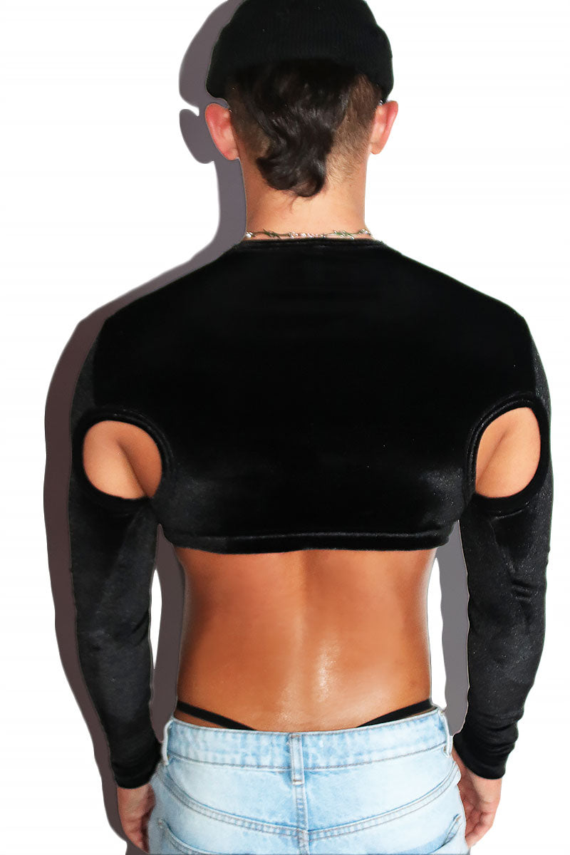 Cutout Velvet Fitted Long Sleeve Extreme Crop Tee- Black