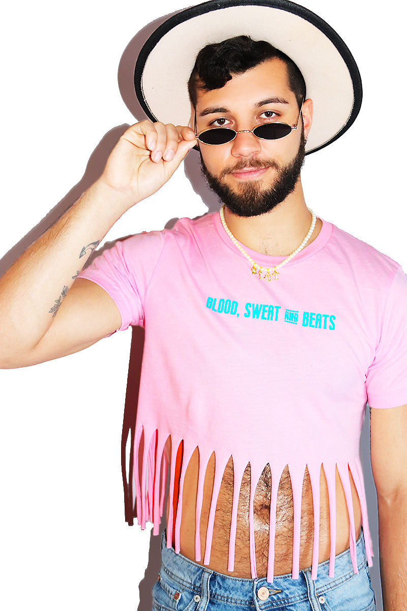 Blood, Sweat, And Beats Fringe Crop Tee- Pink