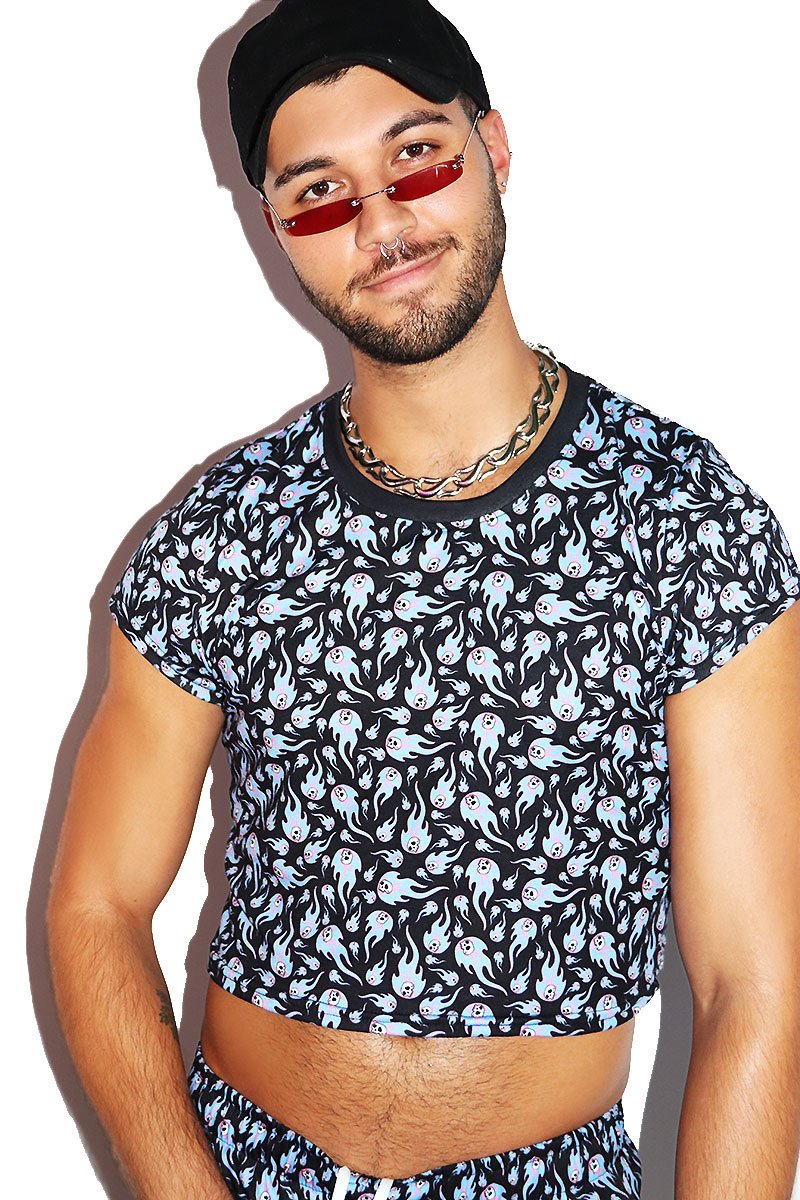 Flaming Dead Load All Over Print Fitted Crop Tee- Blue