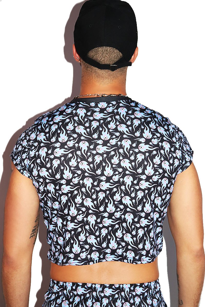 Flaming Dead Load All Over Print Fitted Crop Tee- Blue