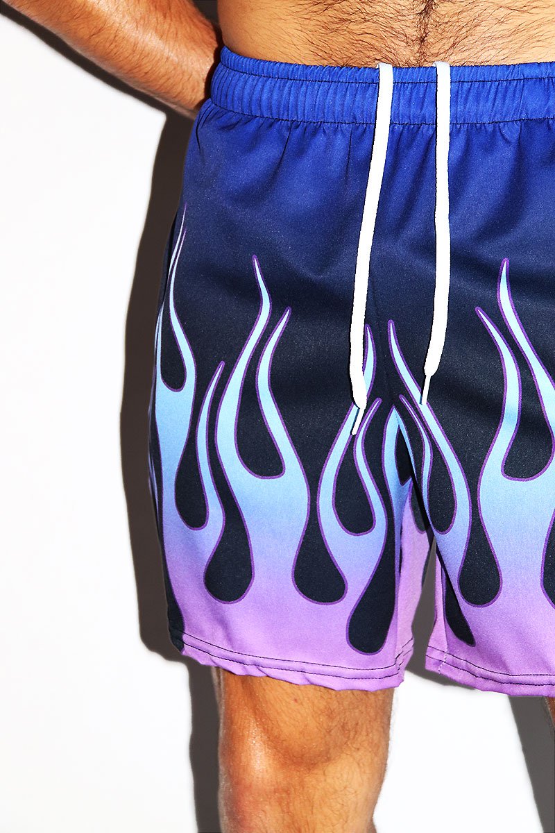 Cool Flames All Over Print Active Shorts- Blue