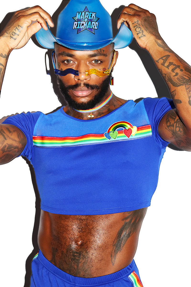 Cloud Gazing Rainbow Mesh Fitted Crop Tee- Royal