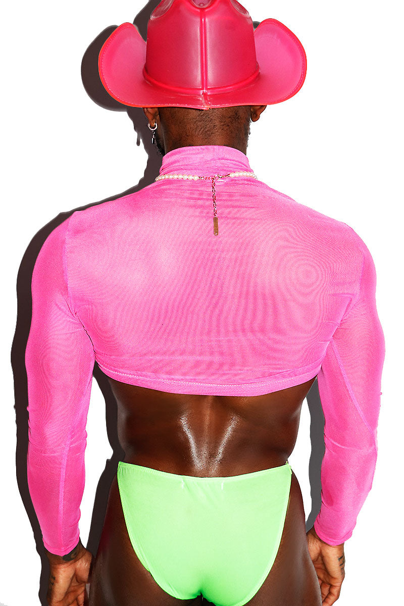 Boy Toy Mesh Extreme Crop Turtleneck- Neon Pink