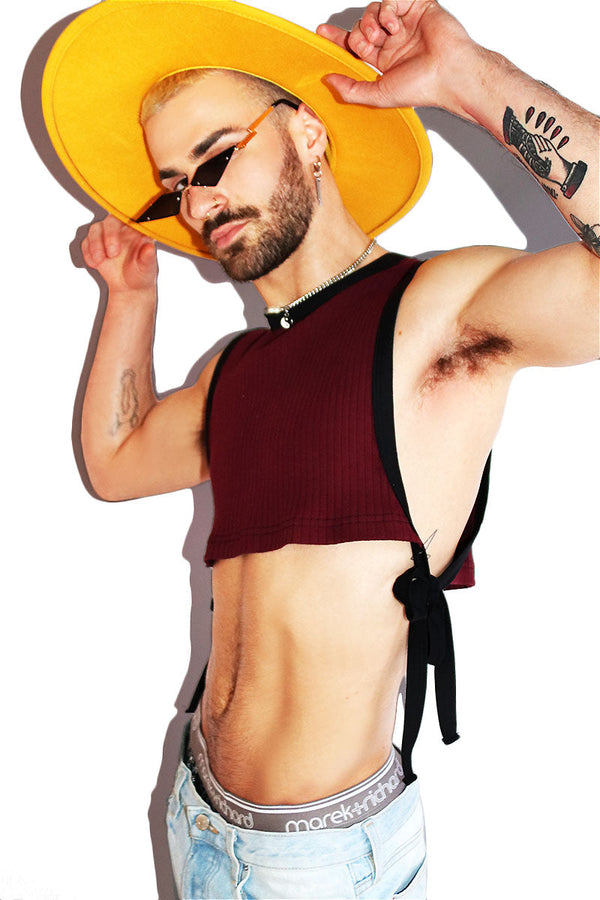 Ribbed Tied Up Extreme Crop Low Armhole Tank in Burgundy