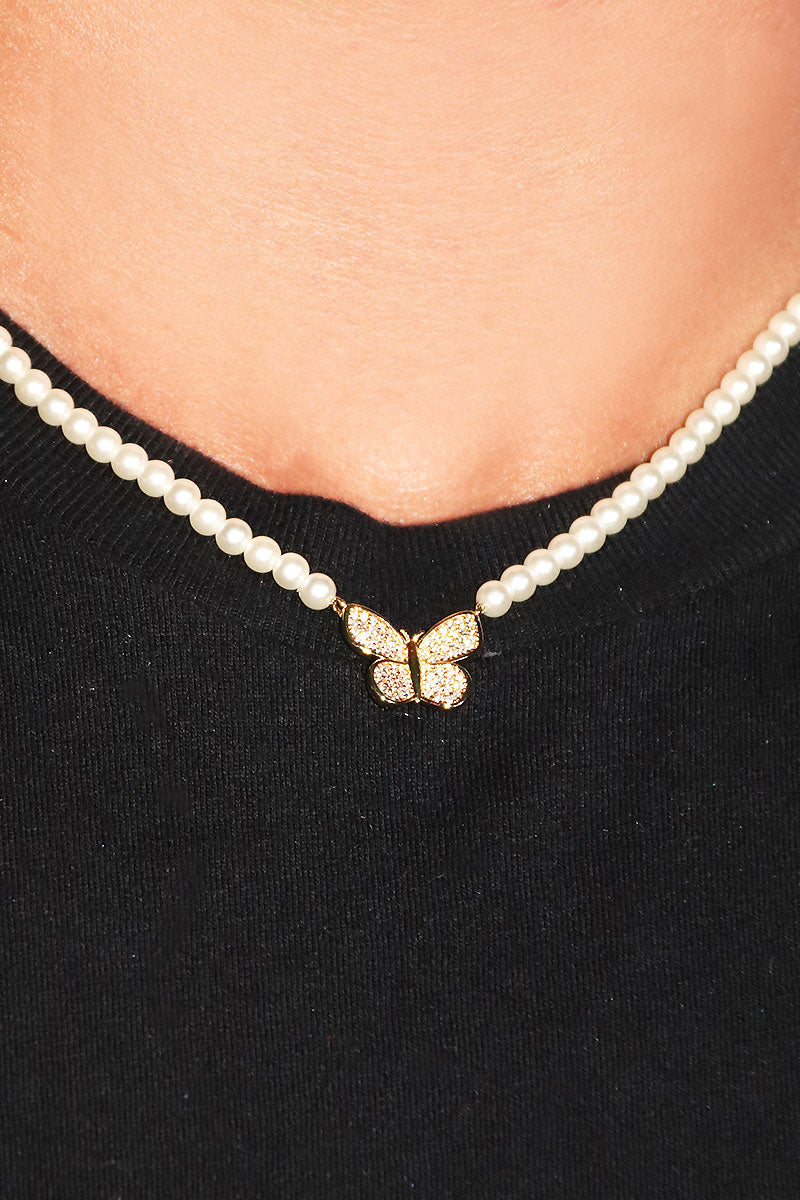 Fly Girl Mini Butterfly Pearl Necklace - Gold