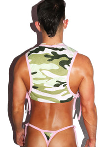 Pastel Camo Tied Up Extreme Crop Low Armhole Tank- Pink