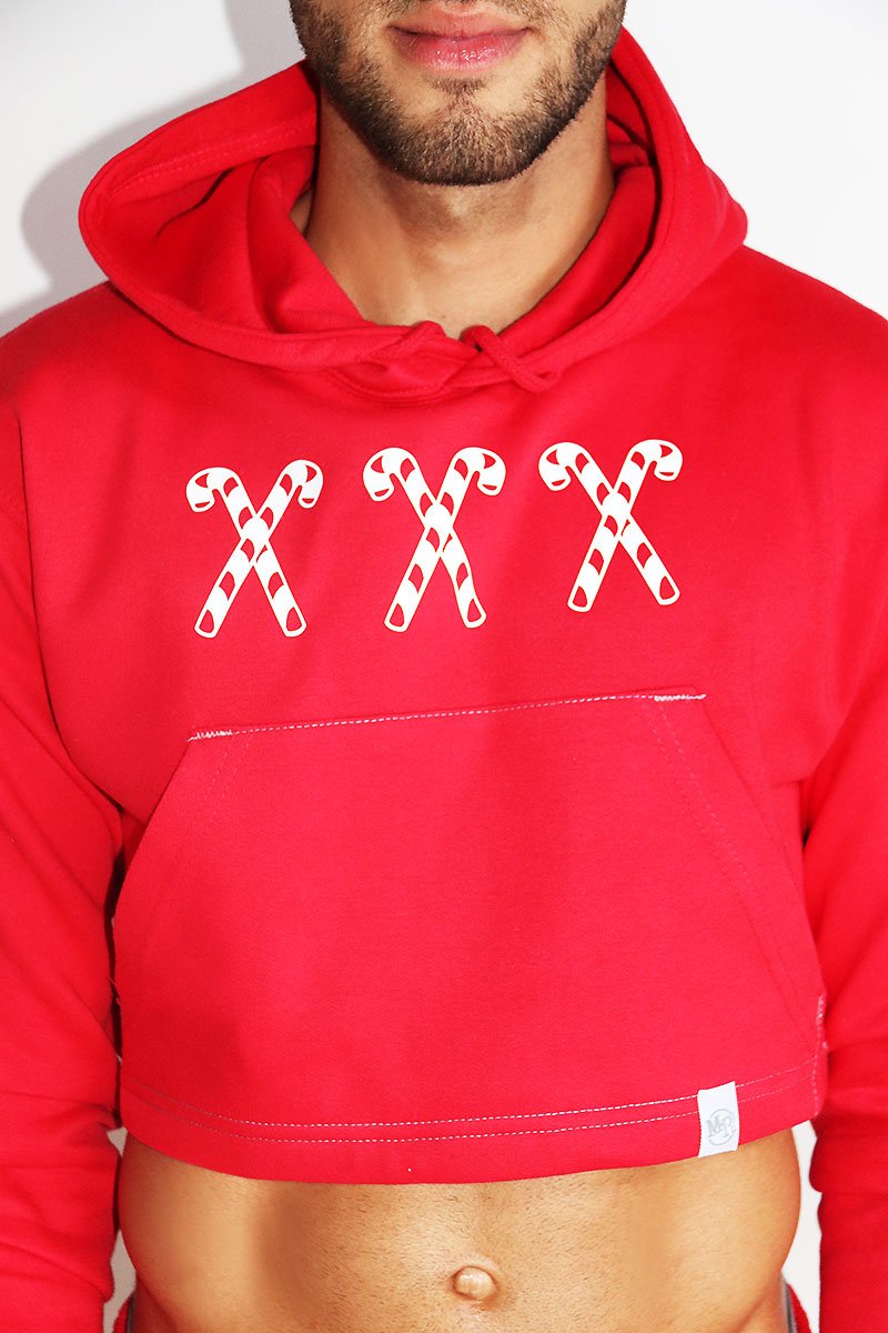 XXX Candy Cane Long Sleeve Crop Hoodie- Red