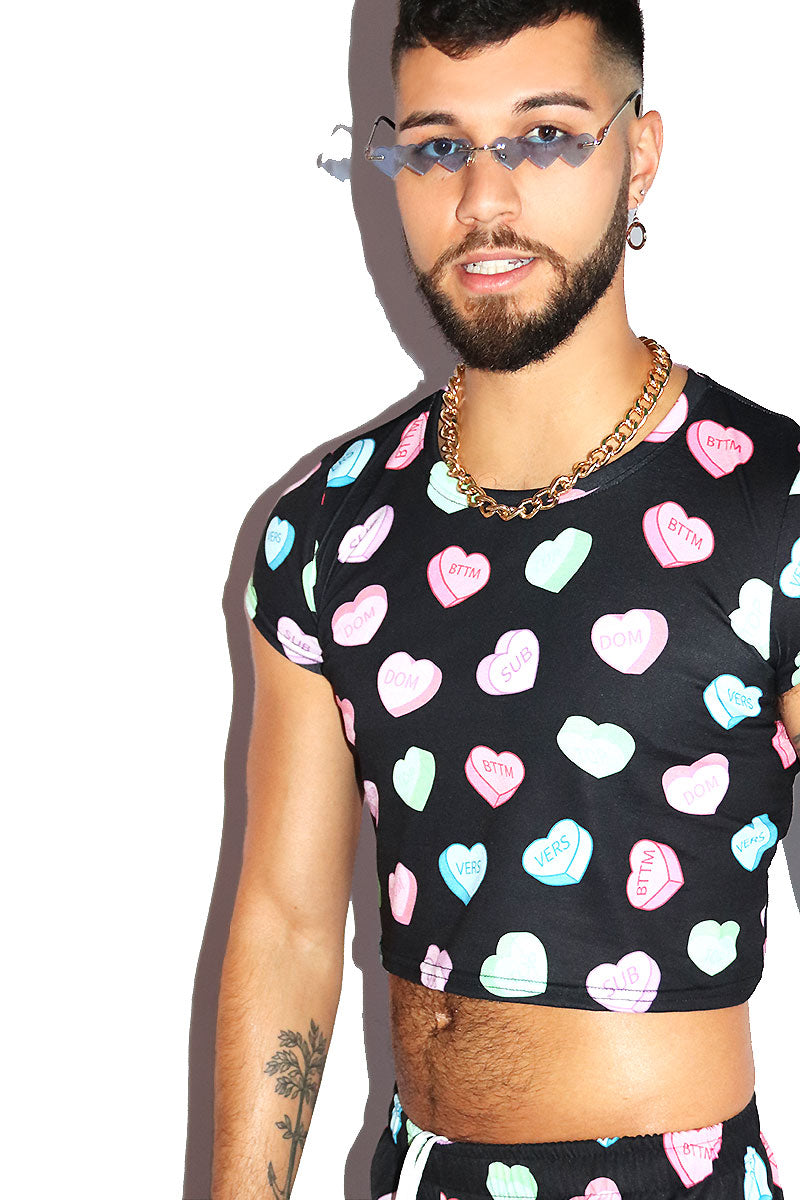 Gay Hearts All Over Print Fitted Crop Tee- Black