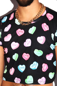 Gay Hearts All Over Print Fitted Crop Tee- Black