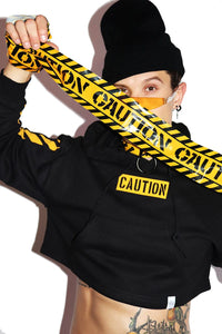 Caution Long Sleeve Crop Hoodie- Black