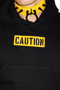 Caution Long Sleeve Crop Hoodie- Black