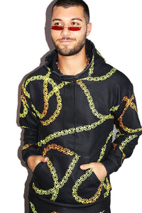 Chains All Over Print Long Sleeve Hoodie- Black