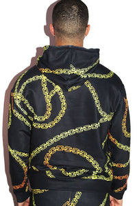 Chains All Over Print Long Sleeve Hoodie- Black