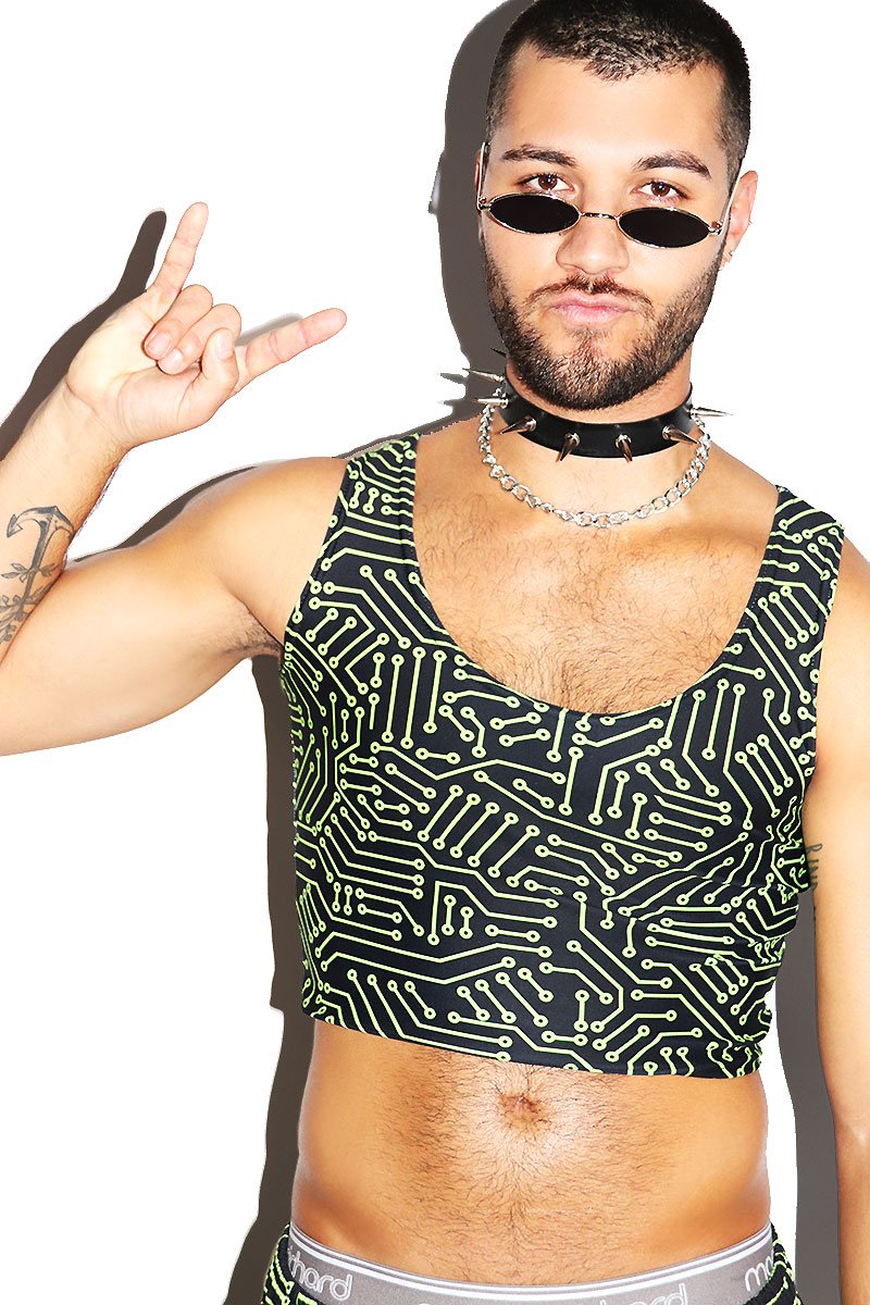 Circuit Board All Over Print Fitted Crop Tank- Green