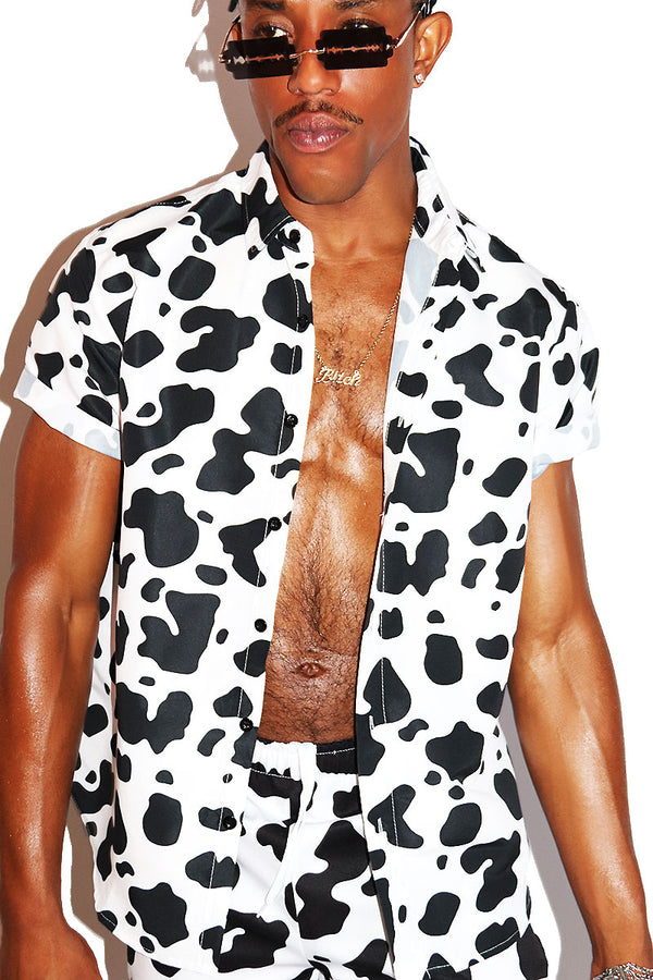Cow Print Short Sleeve Shirt in White